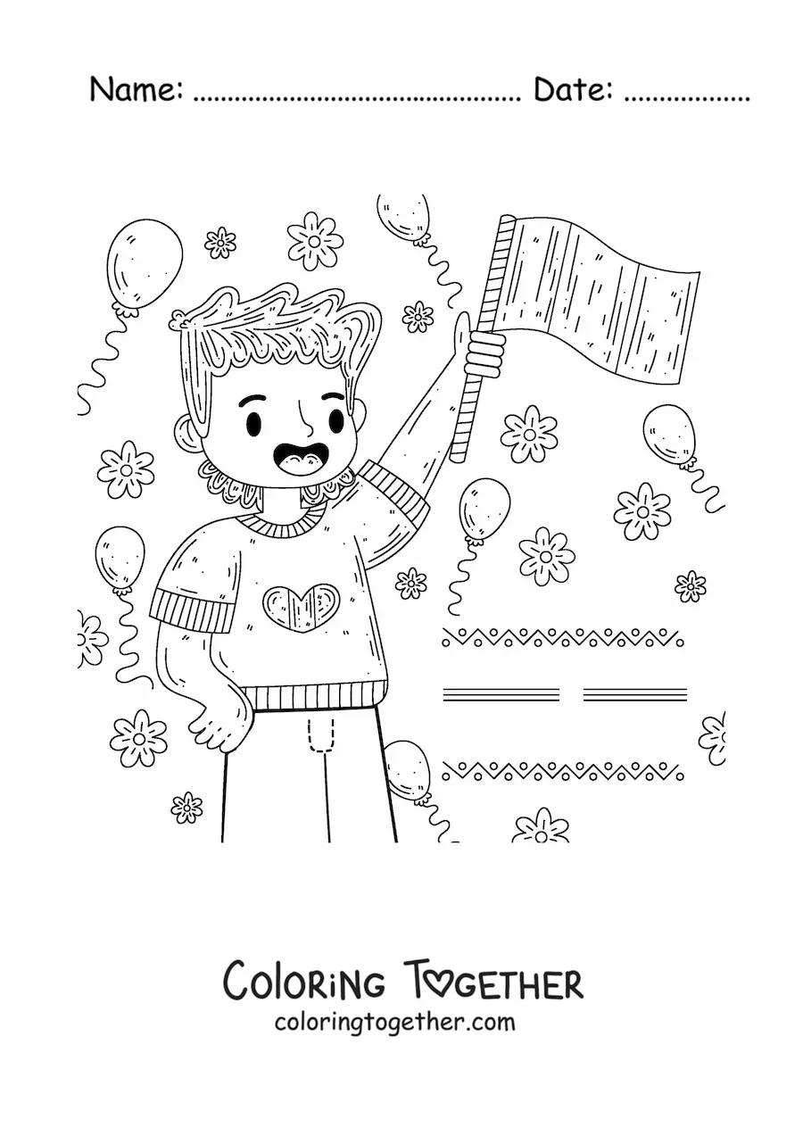 Coloring page of a boy with the flag of Mexico