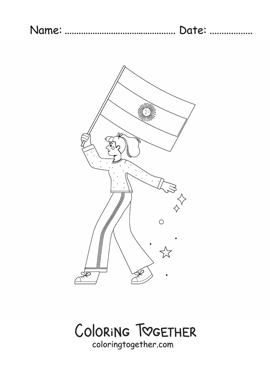 Coloring page of a girl with the flag of Argentina