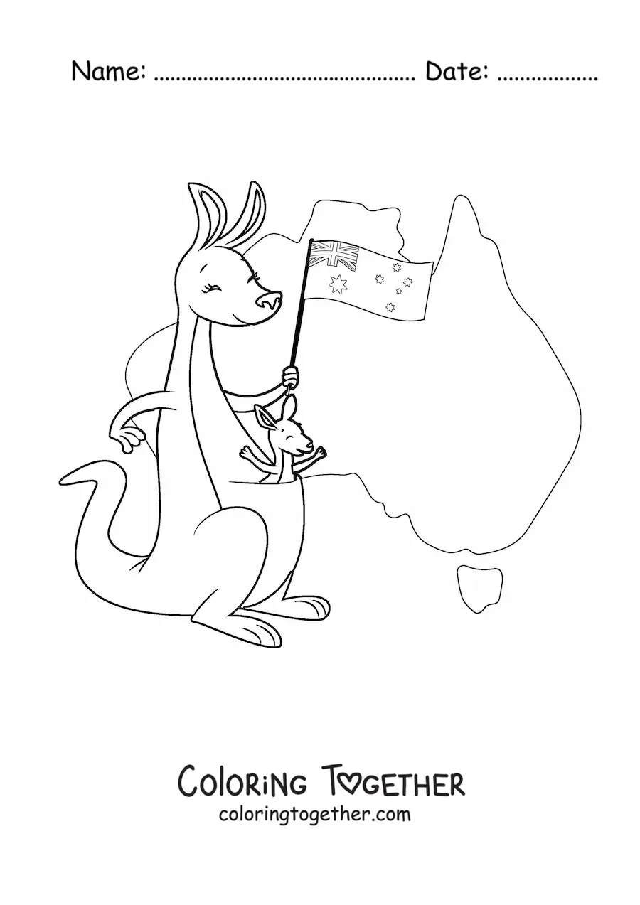 Coloring page of kawaii kangaroos with the flag of Australia and a map
