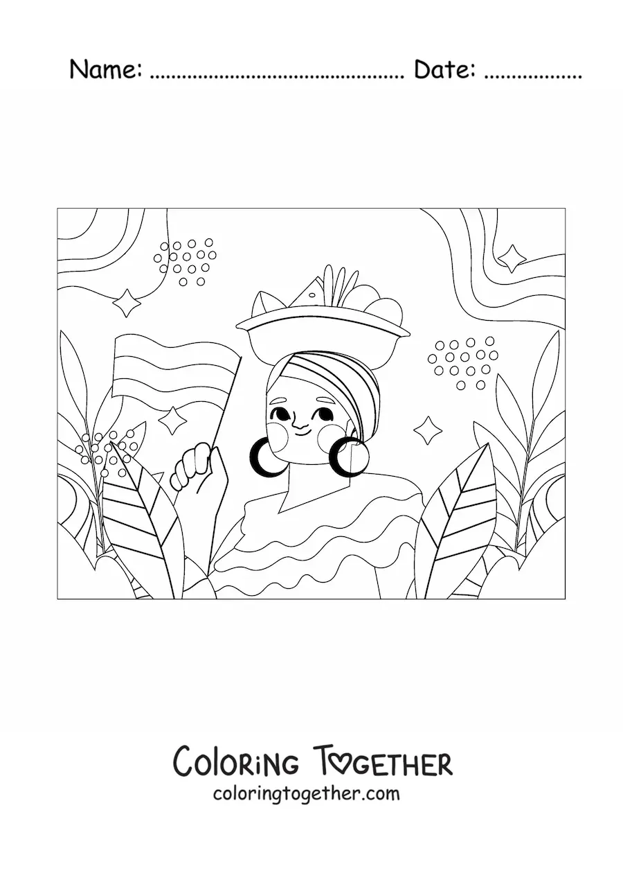 Coloring page of a woman with the flag of Colombia