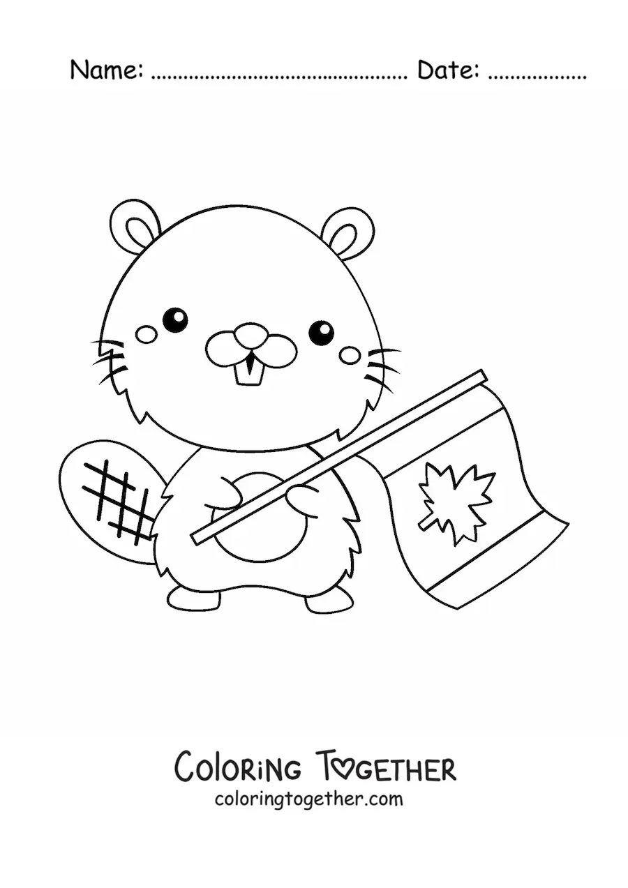 Coloring page of a kawaii beaver with the flag of Canada