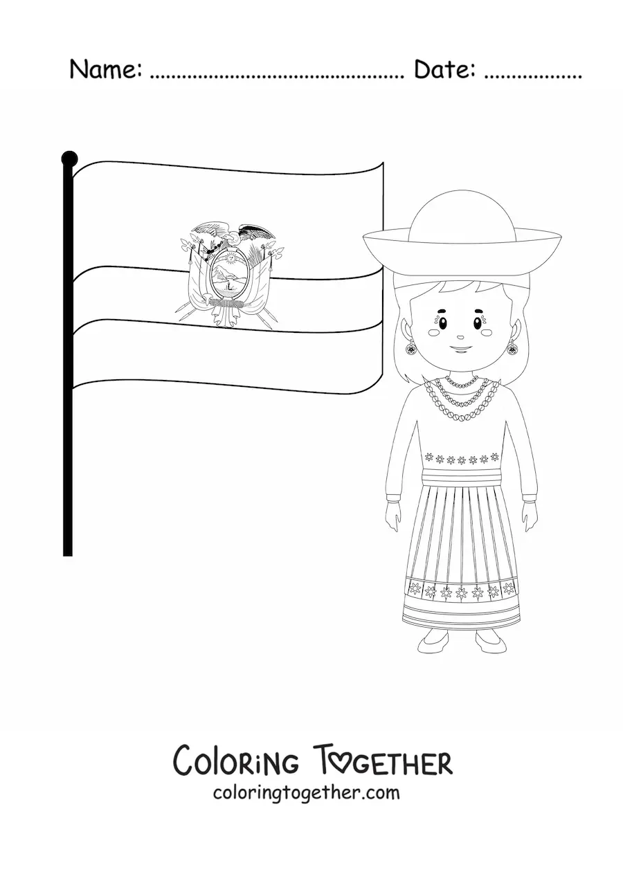 Coloring page of a woman with the flag of Ecuador