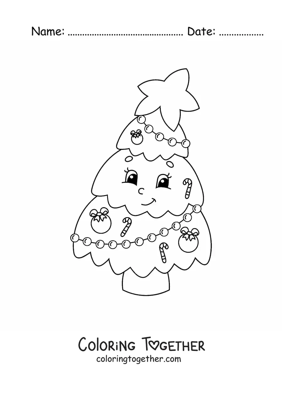 Coloring page of a kawaii cartoon Christmas tree with candy canes