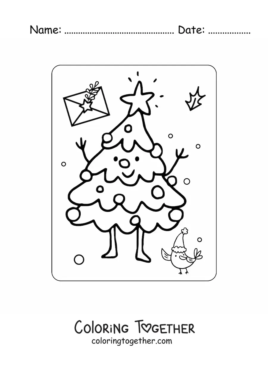 Coloring page of a kawaii cartoon Christmas tree with a star