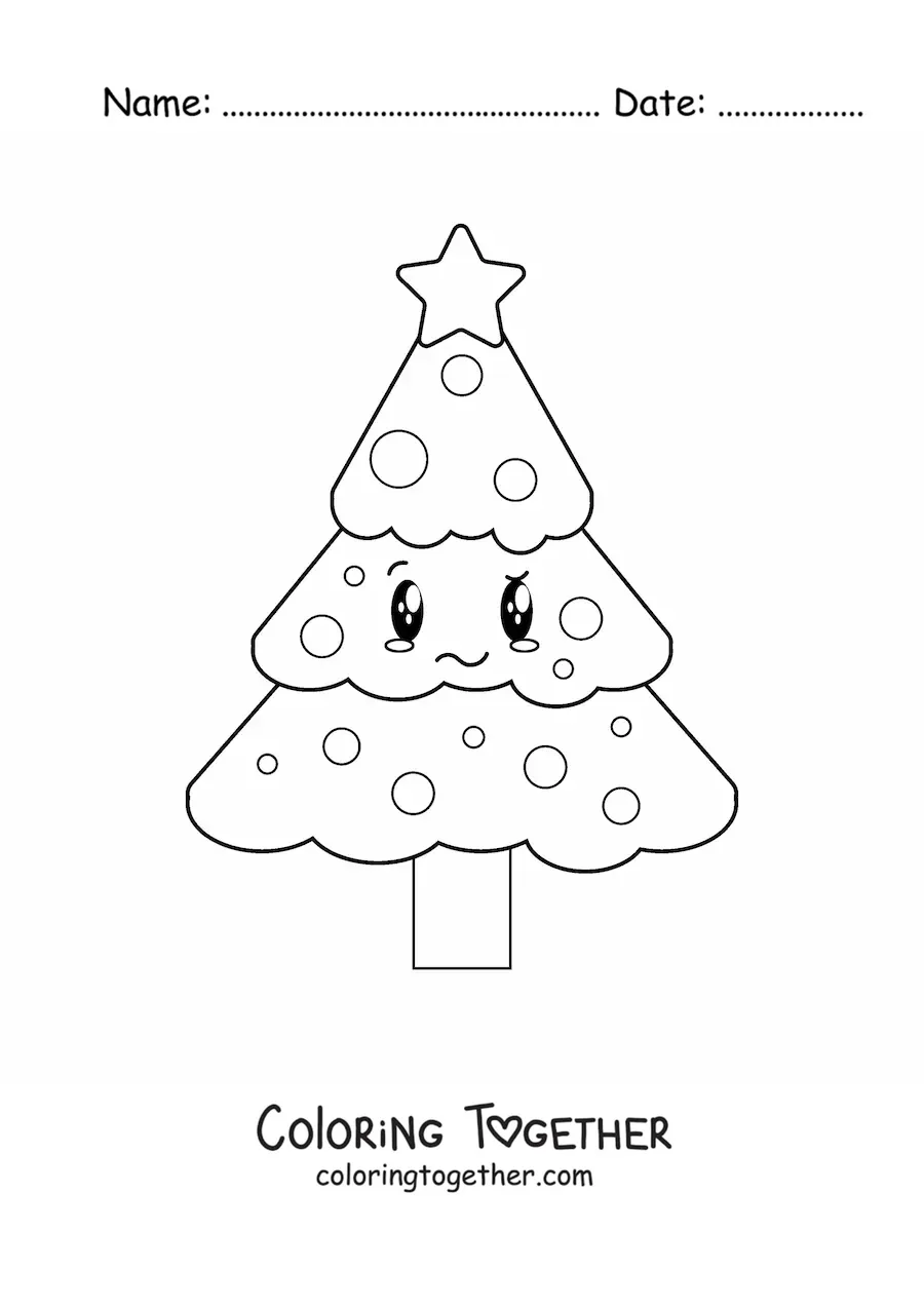 Coloring page of a kawaii Christmas tree