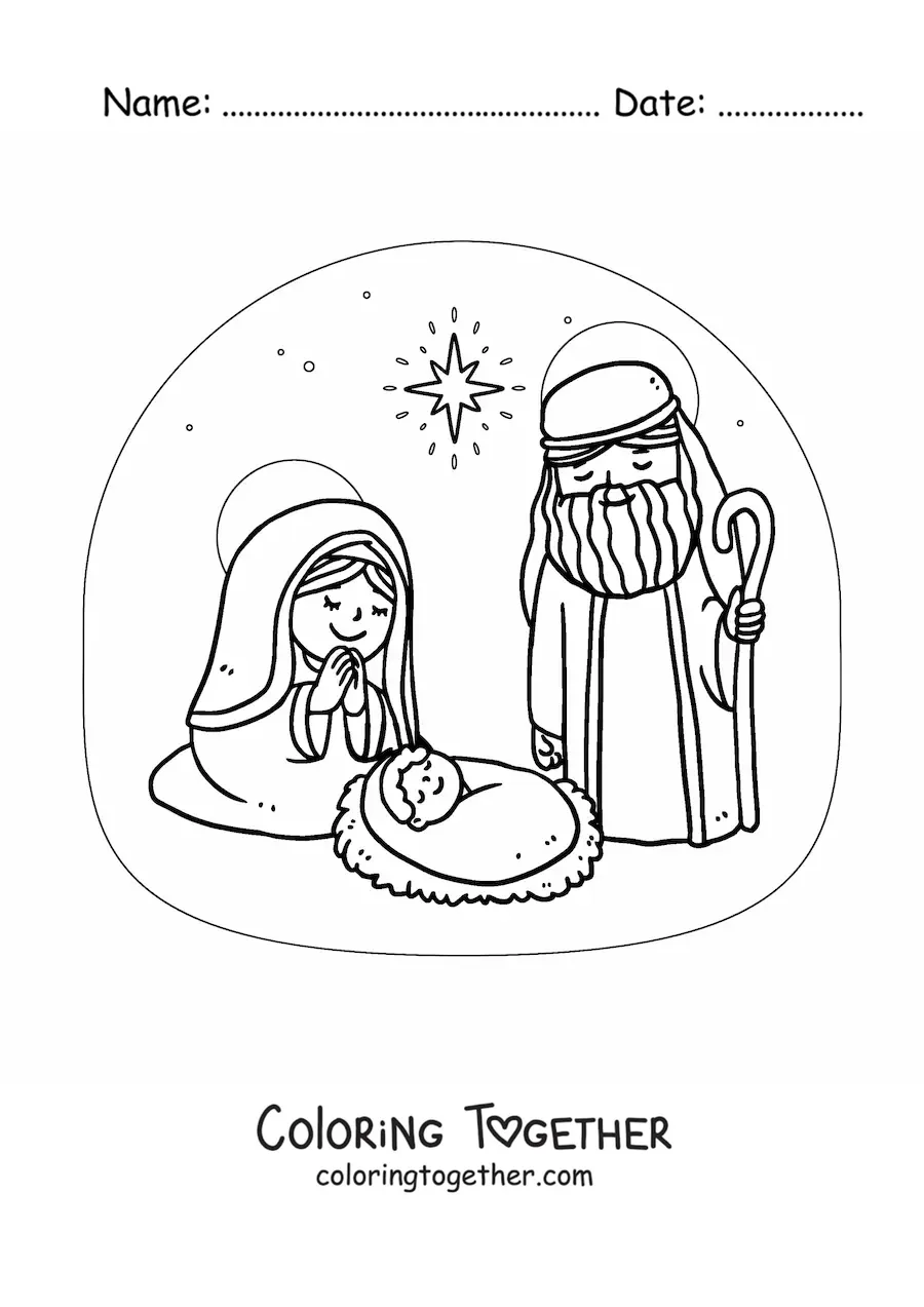 Coloring page of the birth of baby Jesus