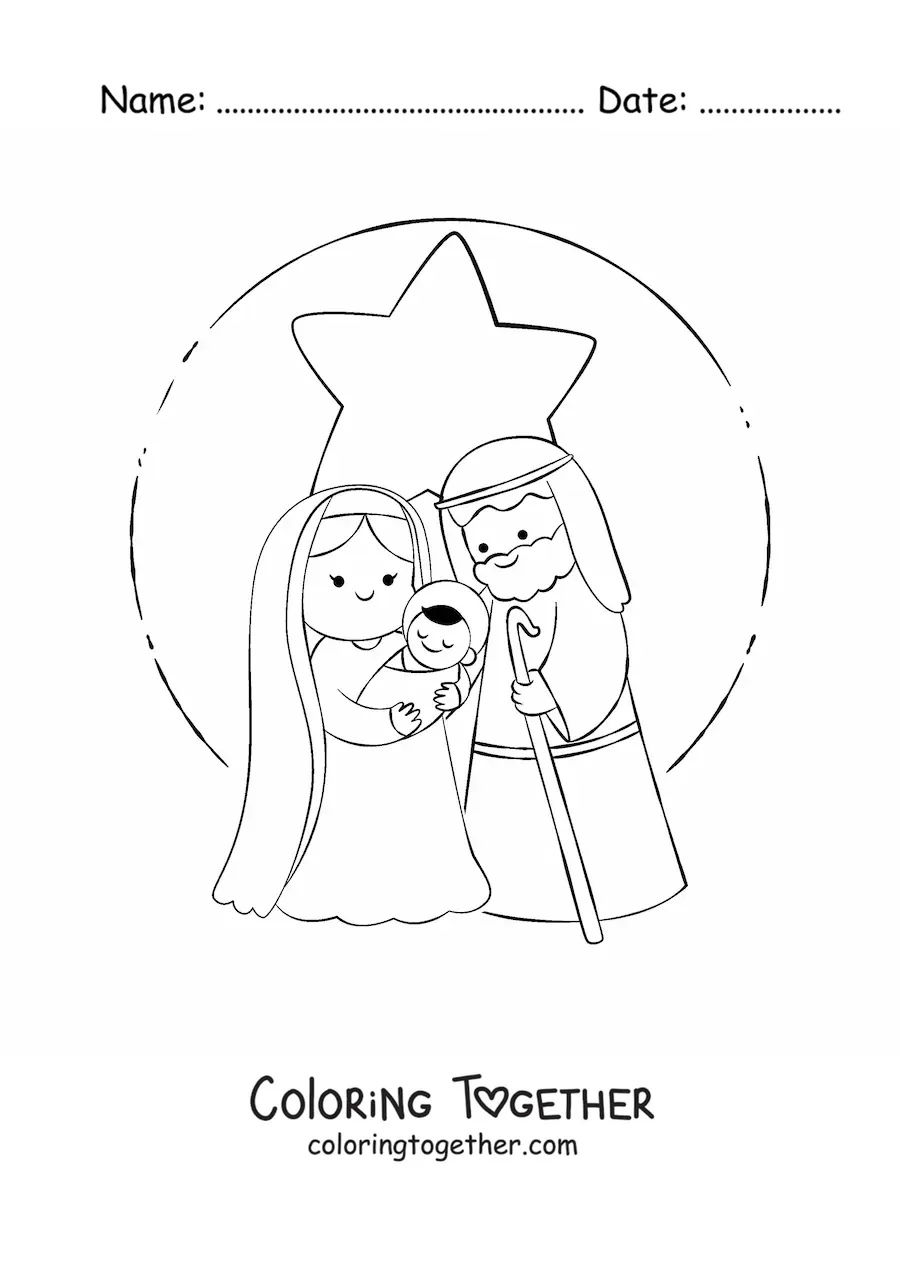 Coloring page of a kawaii Christmas nativity