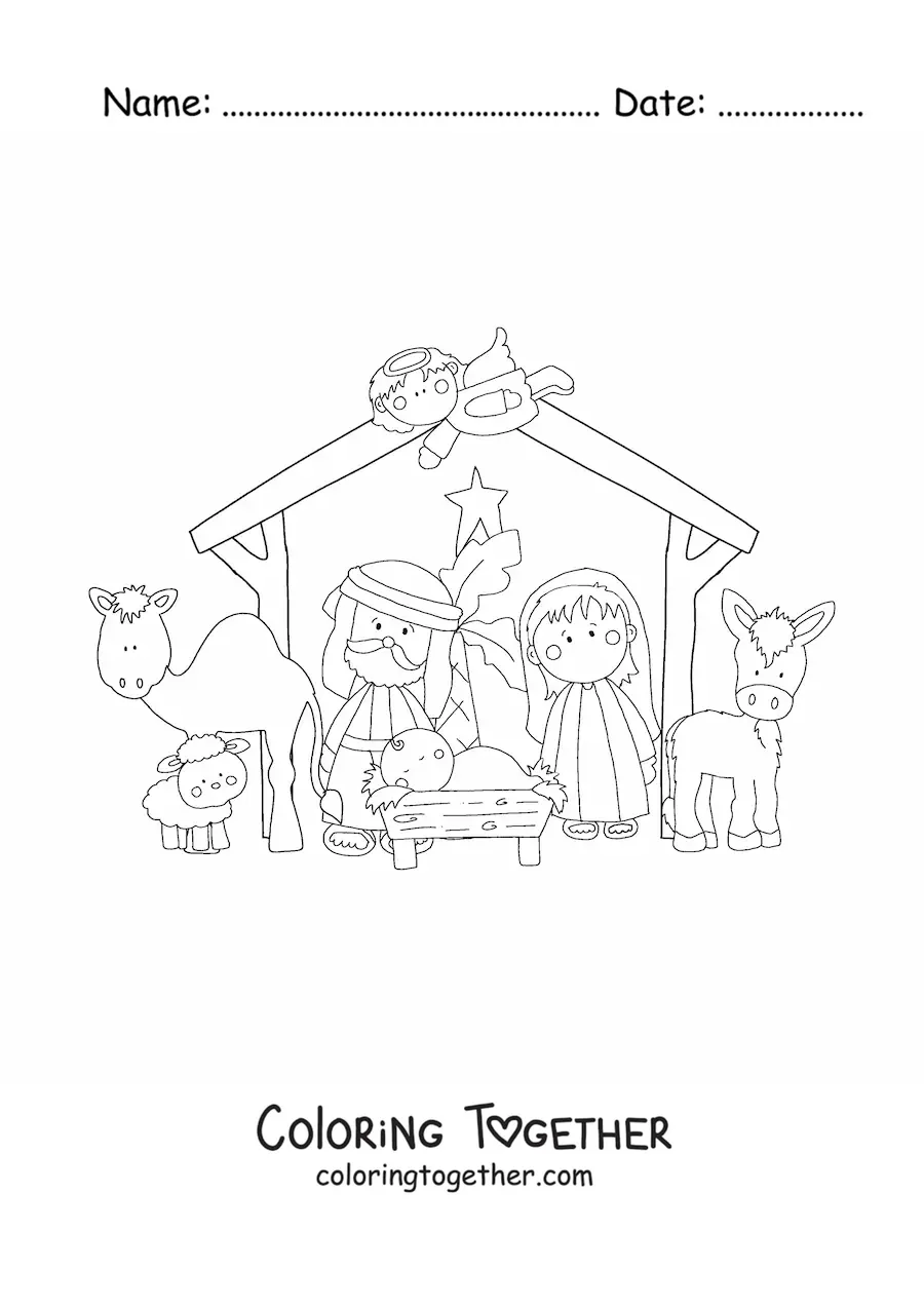 Coloring page of the birth of the baby Jesus in the manger