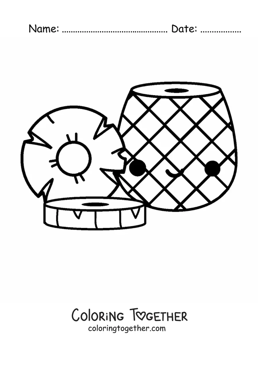 Coloring page of a sliced kawaii pineapple