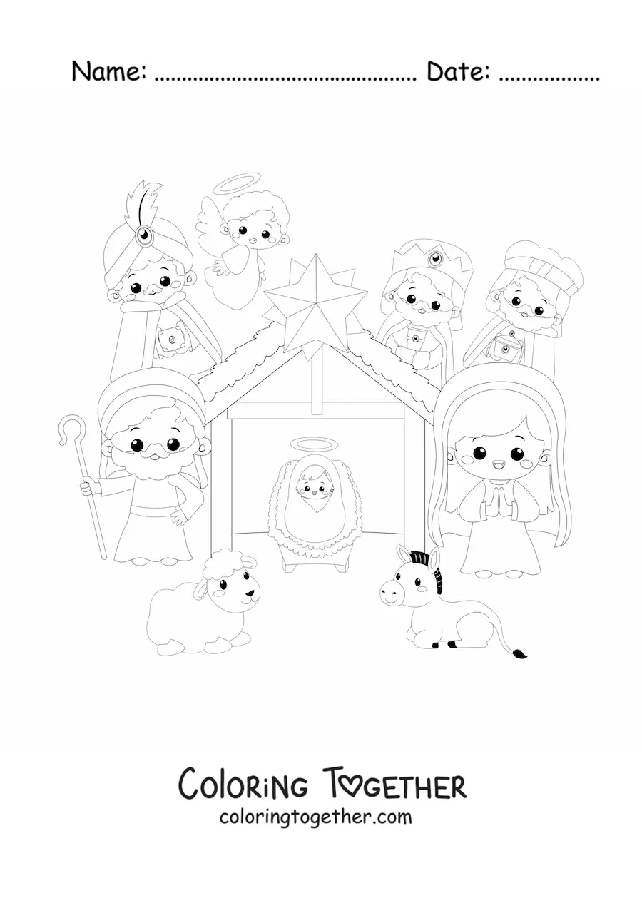 Coloring page of a kawaii Christmas nativity with the three wise men