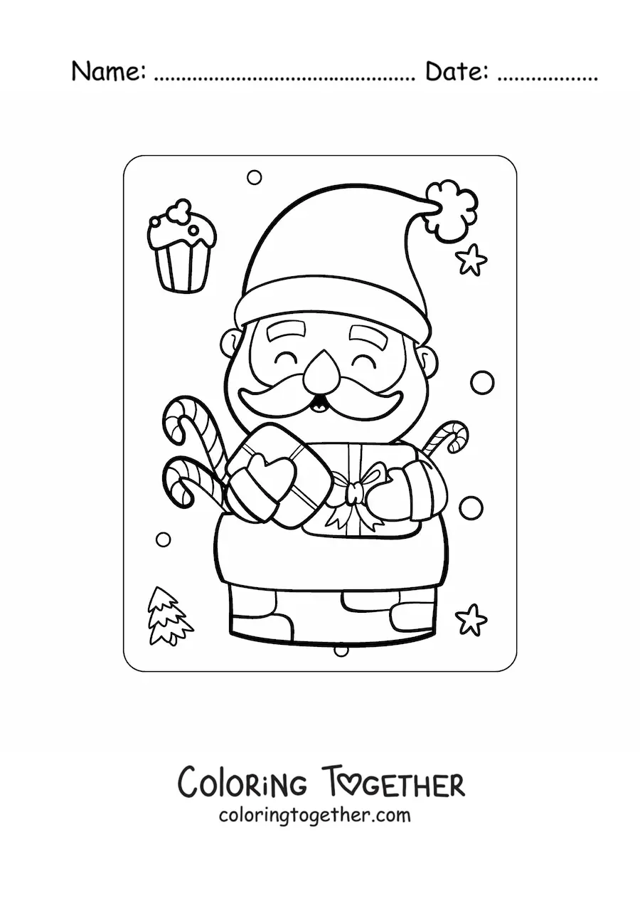 Coloring page of a kawaii Santa Claus in the chimney with gifts