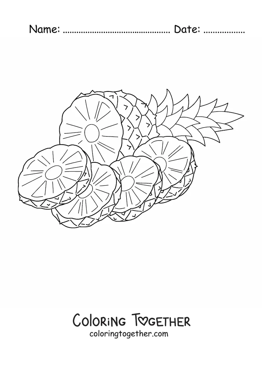 Coloring page of a pineapple sliced into four pieces