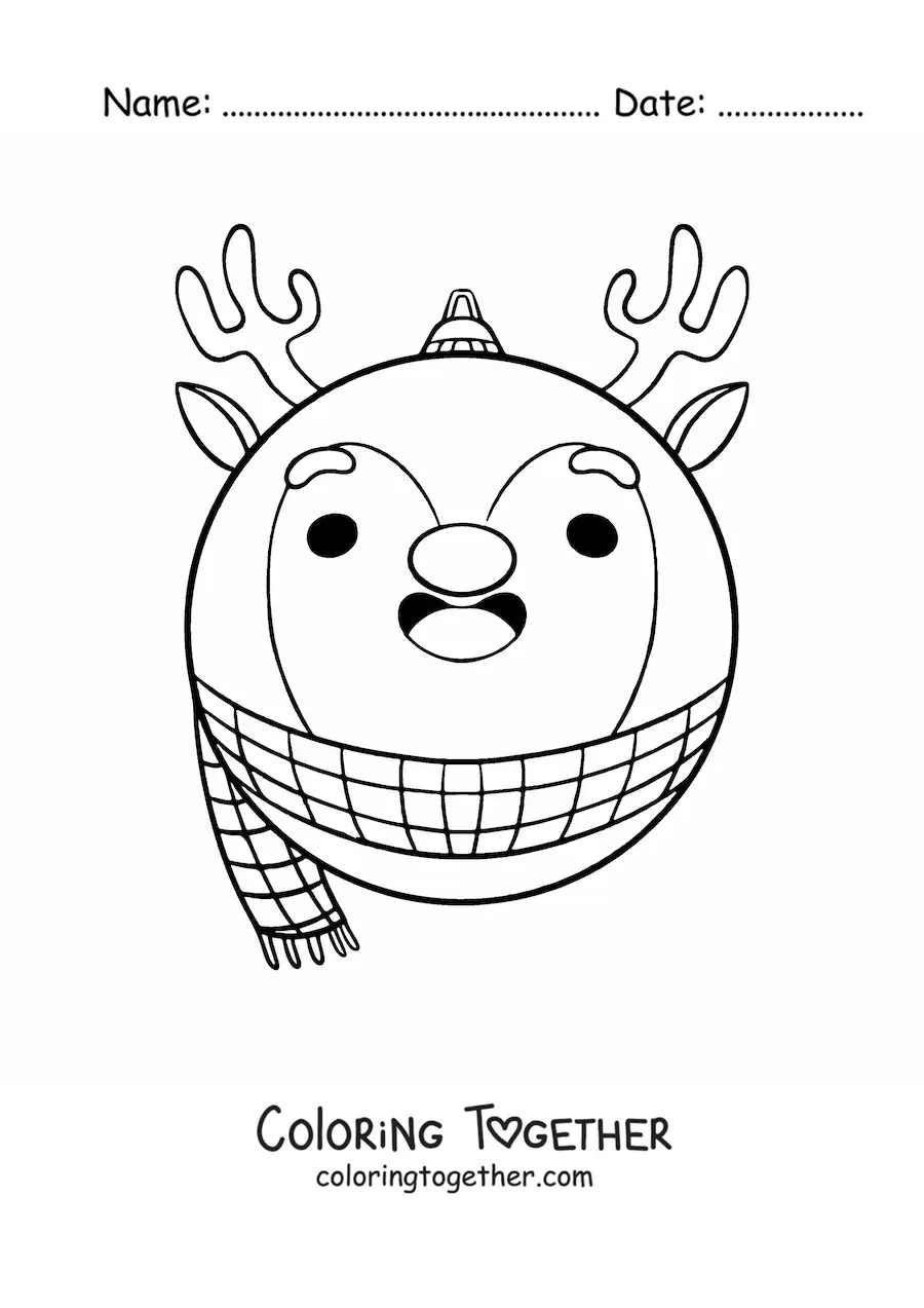 Coloring page of a kawaii reindeer Christmas bauble