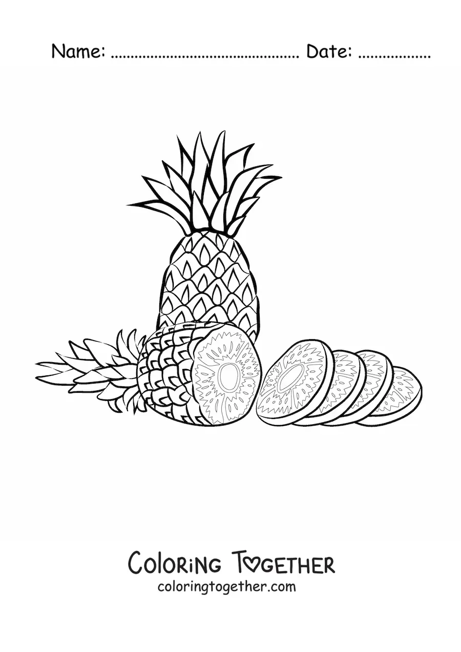 Coloring page of a sliced pineapple with another pineapple behind it