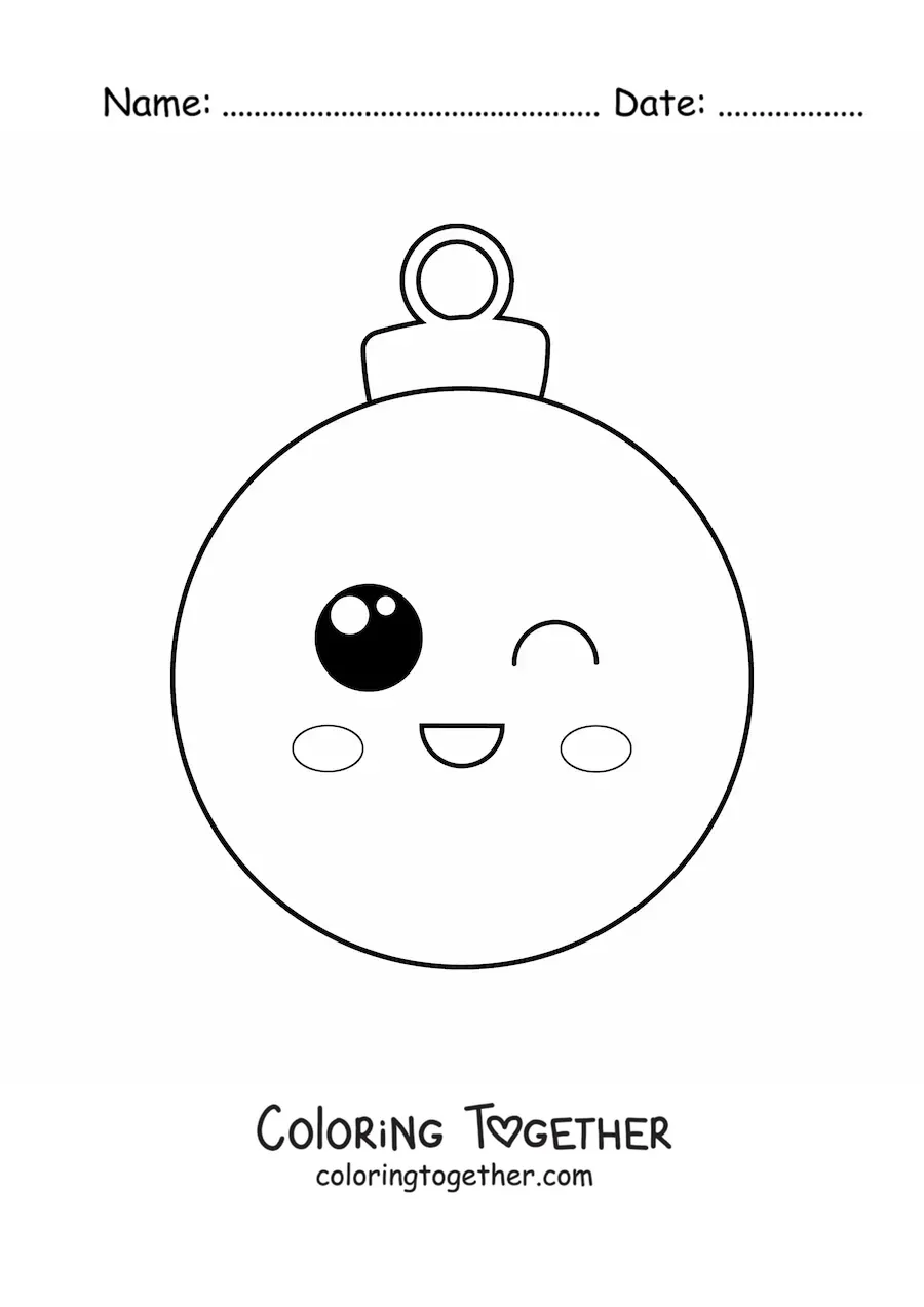 Coloring page of a cartoon kawaii Christmas ball