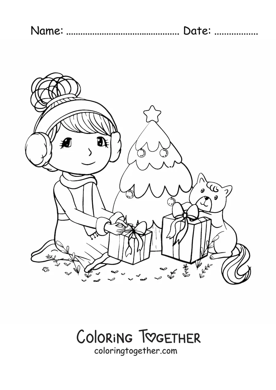 Coloring page of a girl with a kawaii cat opening gifts at Christmas