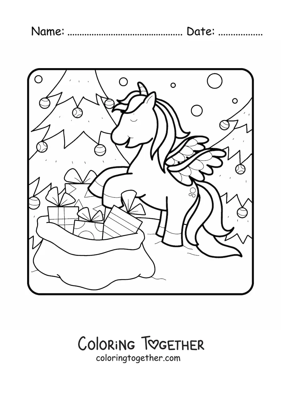 Coloring page of a unicorn with a sack of gifts
