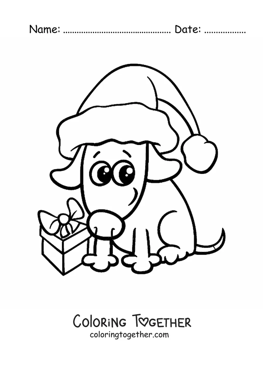 Coloring page of a kawaii dog with a Christmas gift