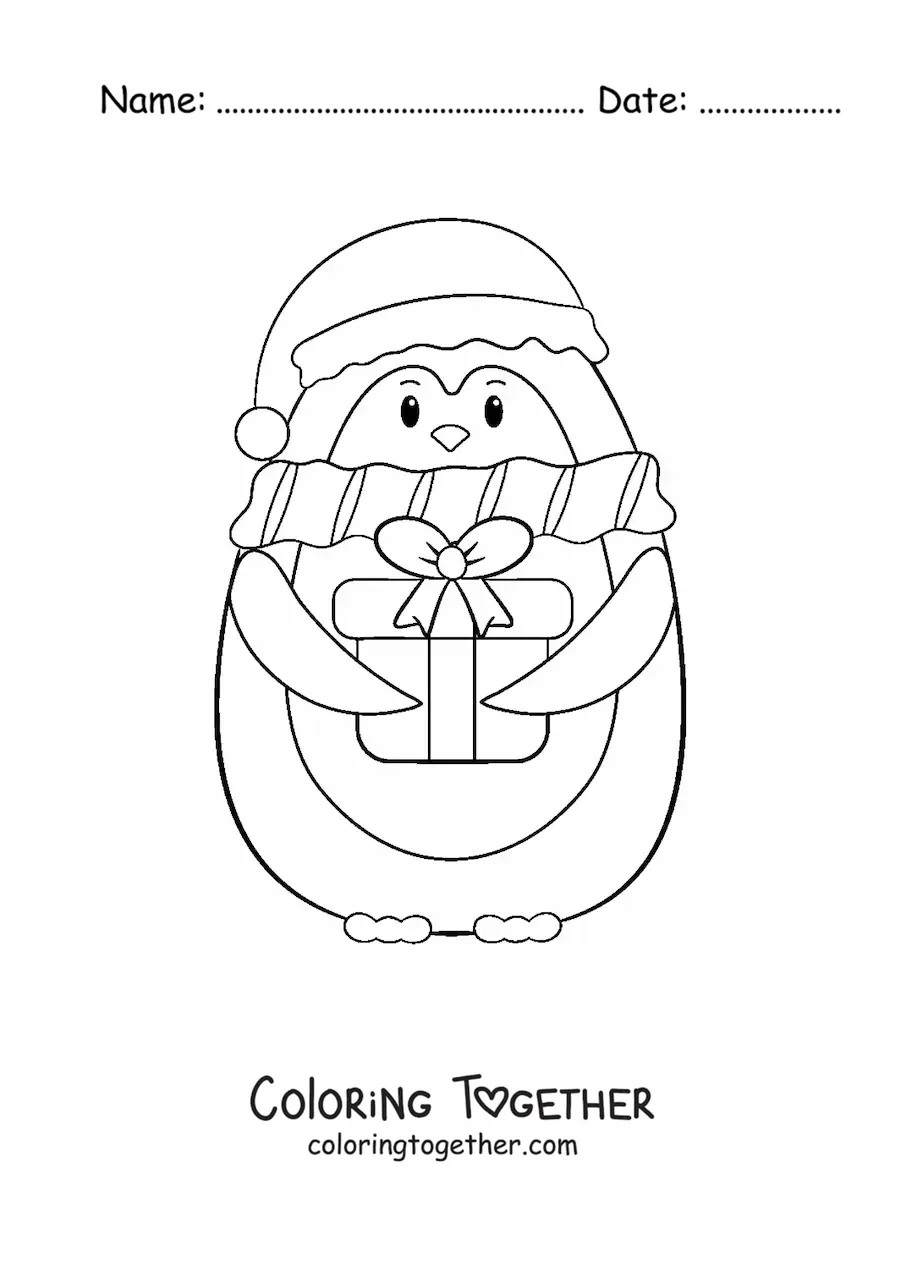 Coloring page of a penguin with a Christmas gift