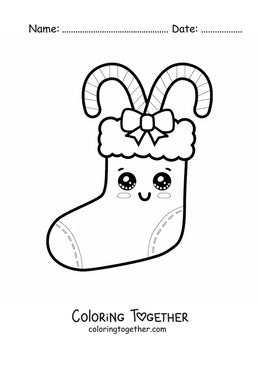Coloring page of a kawaii Christmas stocking with candy canes
