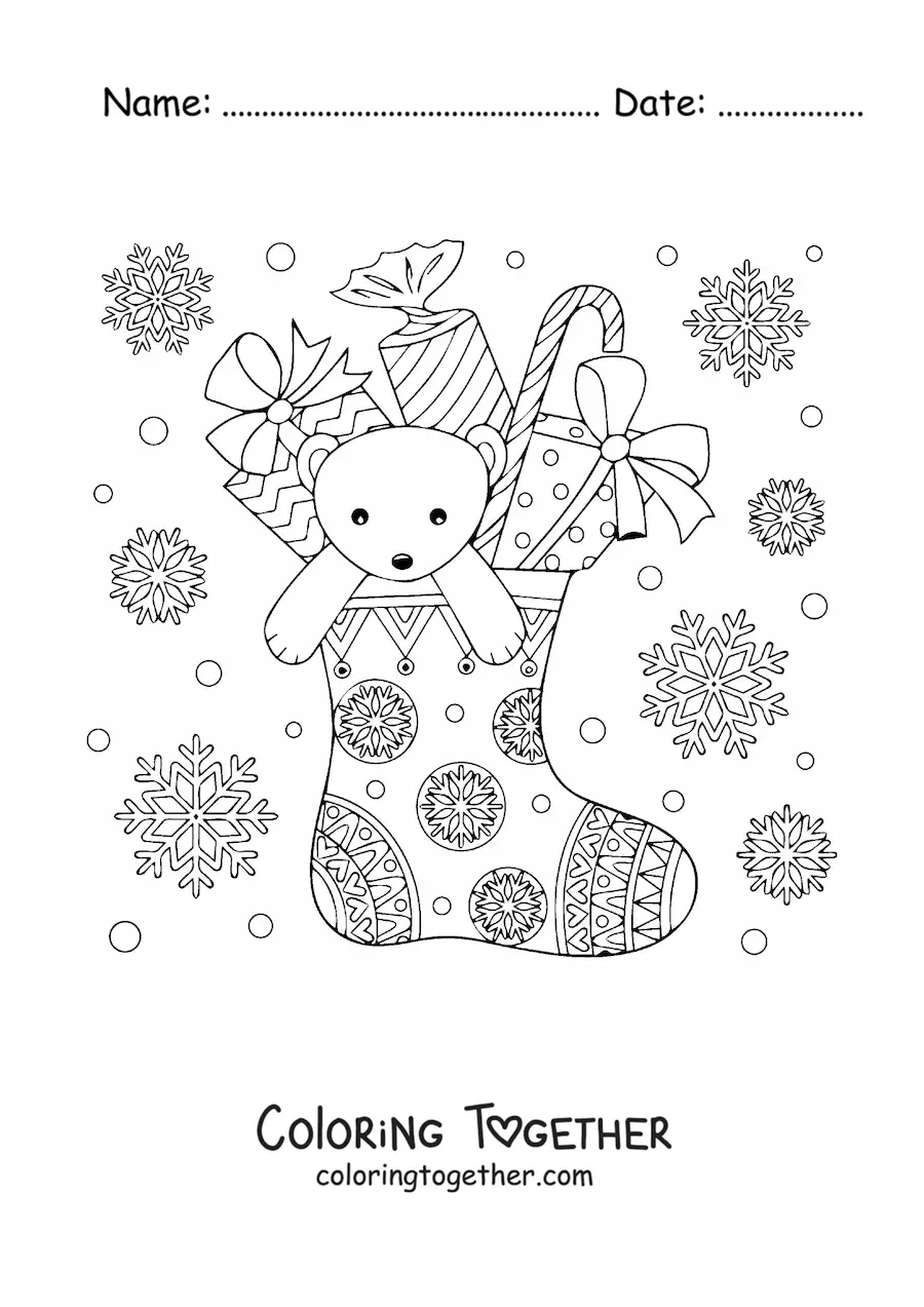Coloring page of a Christmas stocking with gifts and a teddy bear