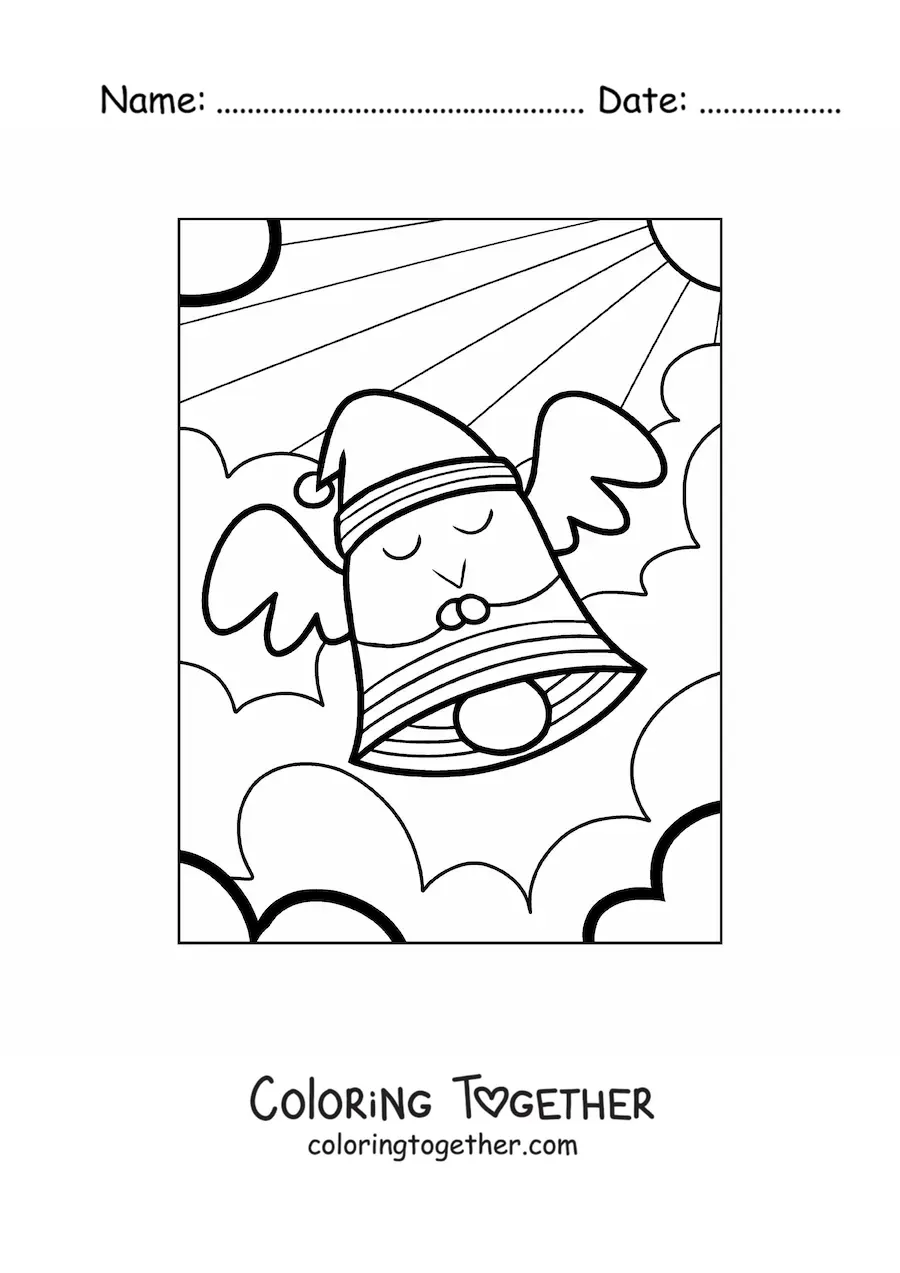 Coloring page of an animated Christmas bell with a Santa hat