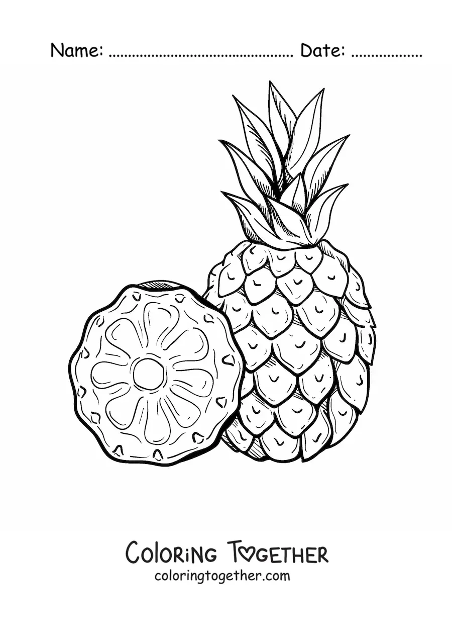 Coloring page of a pineapple with a slice beside it