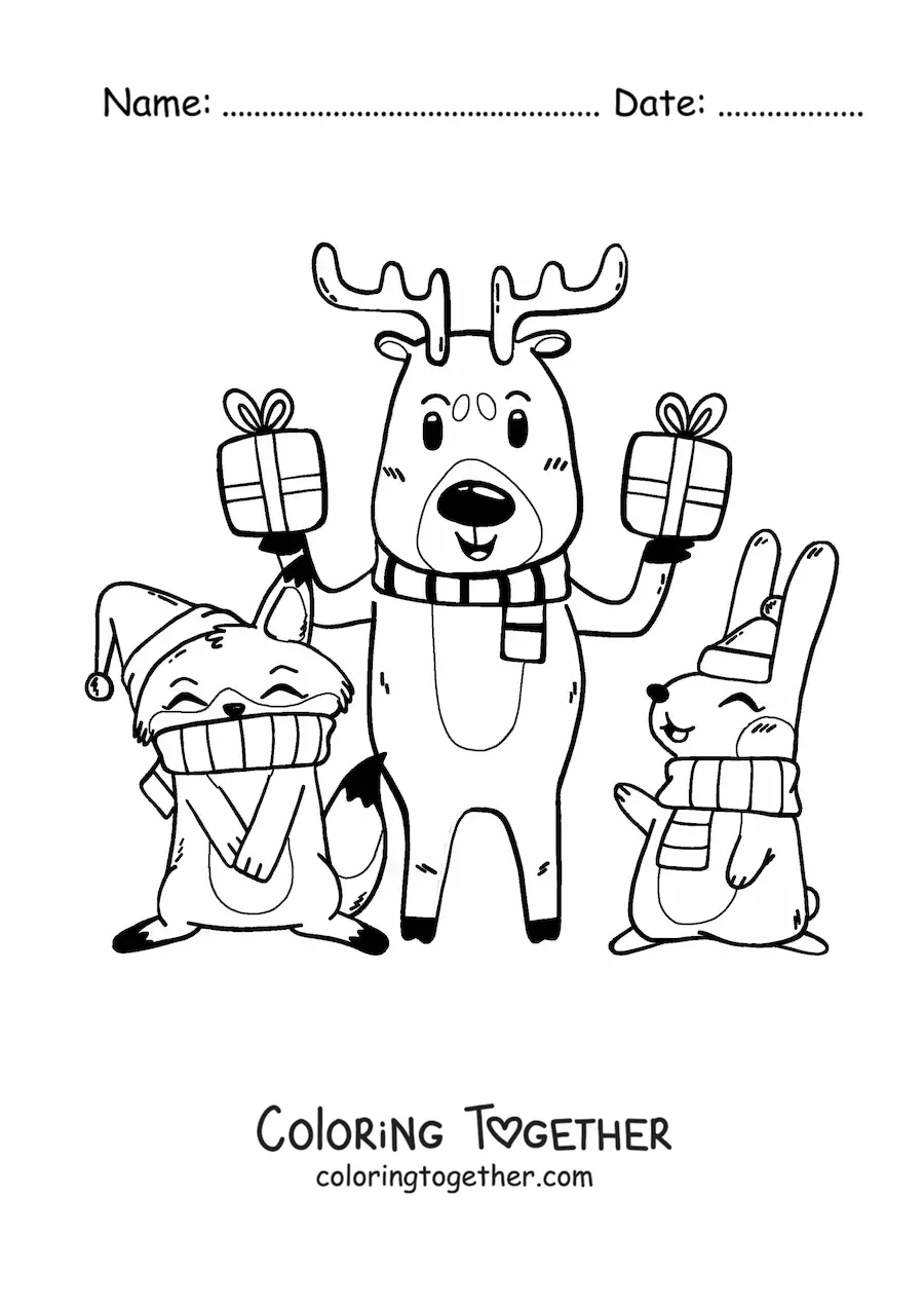 Coloring page of a Christmas reindeer with kawaii animals and gifts