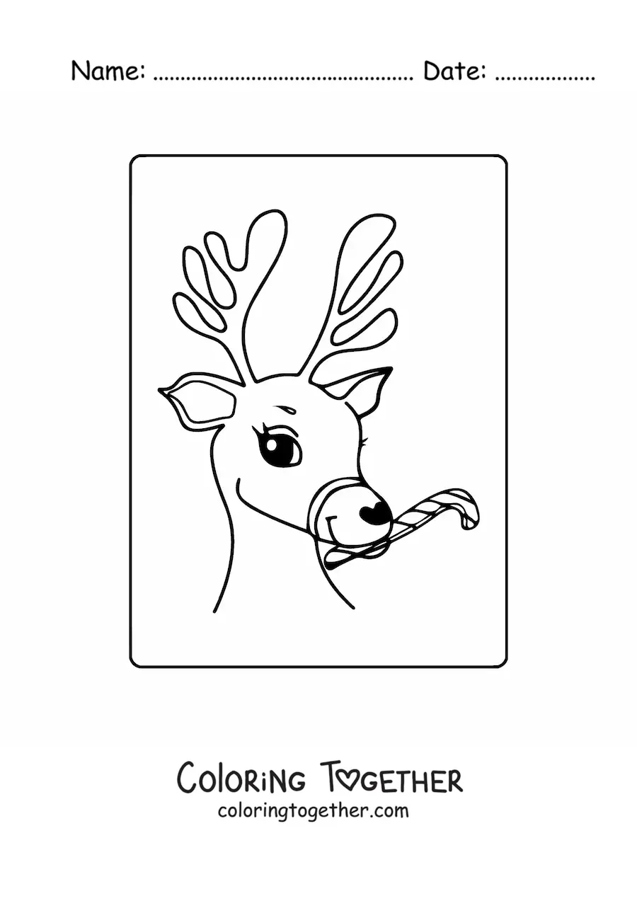 Coloring page of a Christmas deer with a candy cane