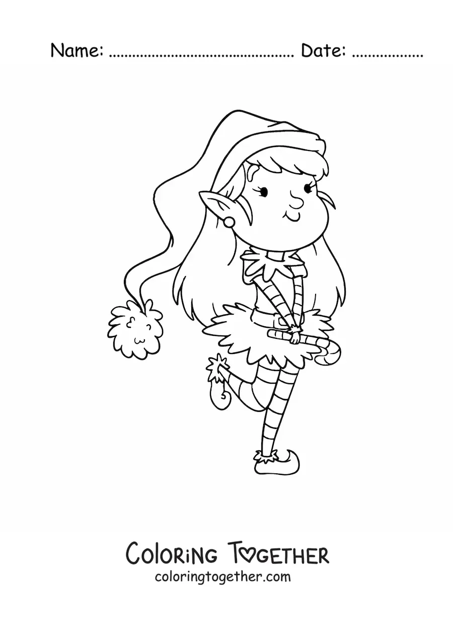 Coloring page of a Christmas elf girl