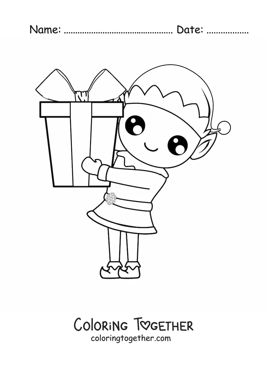 Coloring page of a Christmas elf with a gift