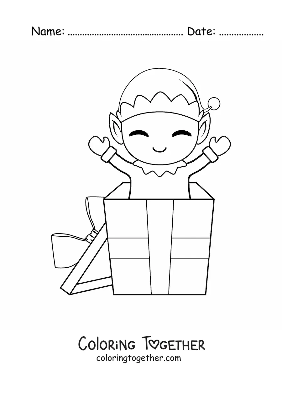 Coloring page of a Christmas elf on a gift