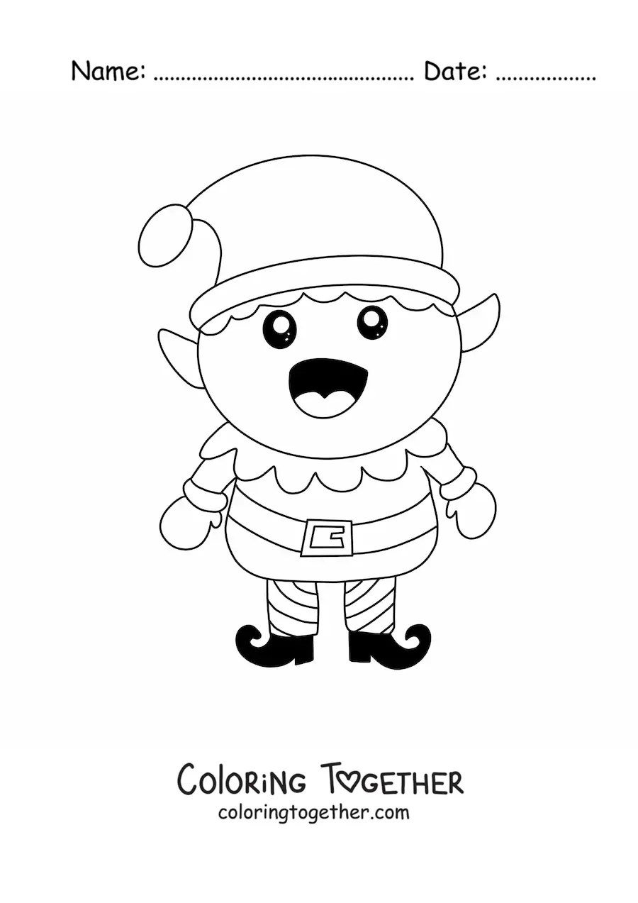Coloring page of a Christmas elf smiling