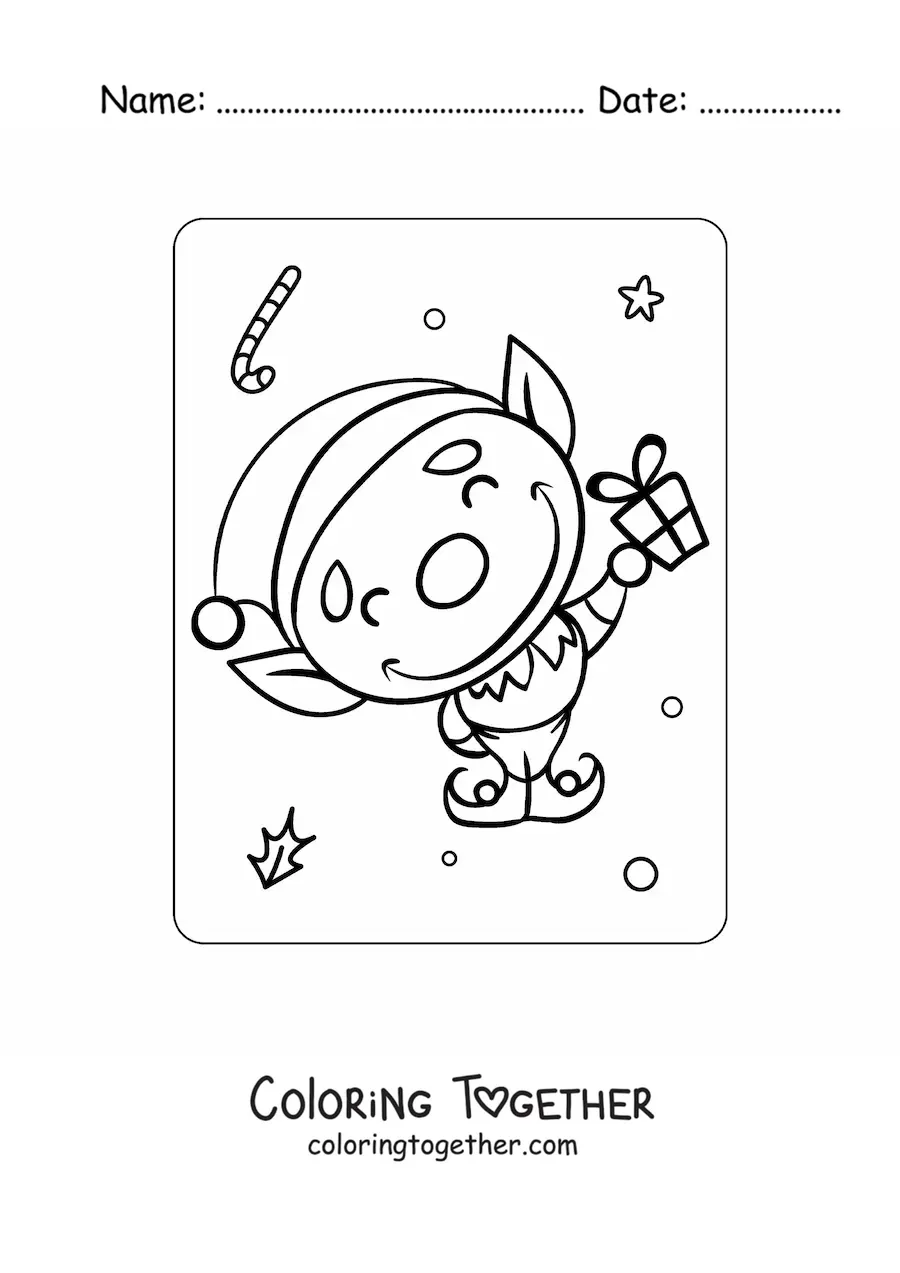 Coloring page of an animated Christmas elf with a gift