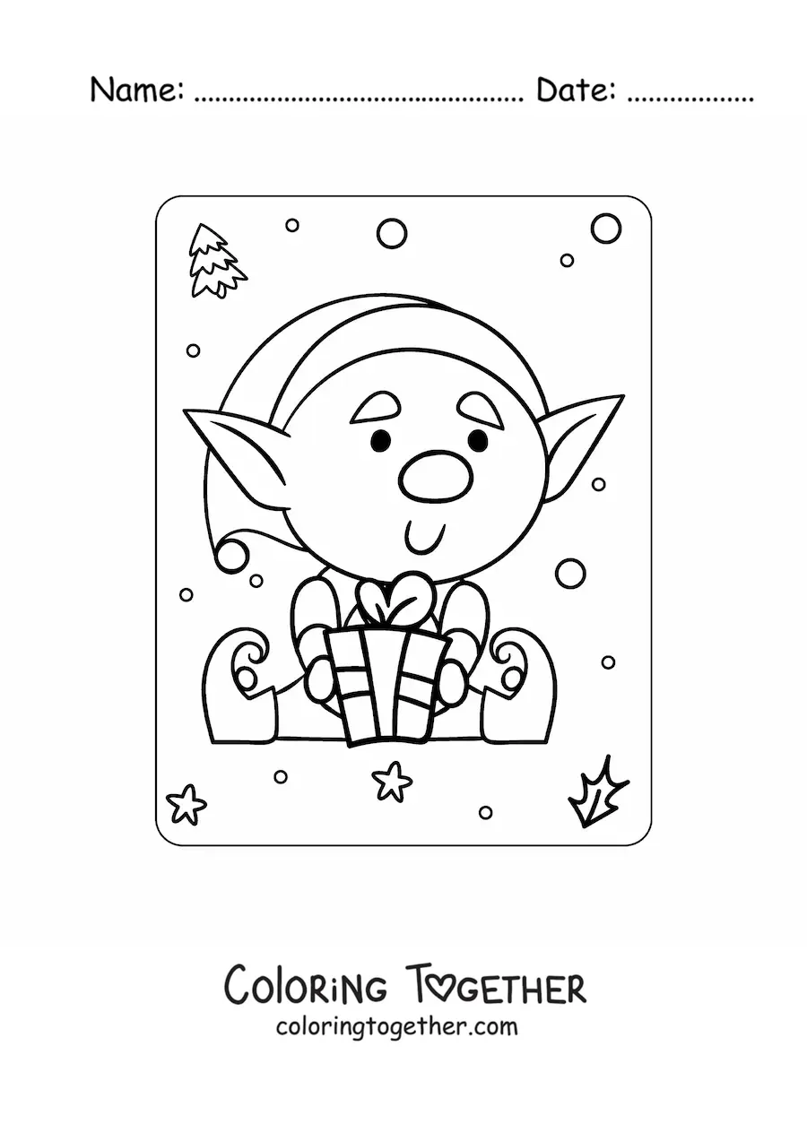 Coloring page of an animated Christmas elf sitting down with a gift