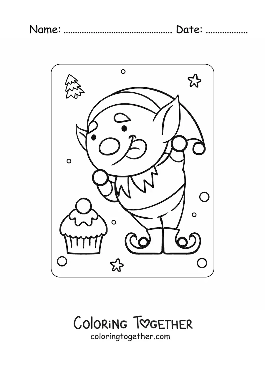 Coloring page of an animated Christmas elf with a candy