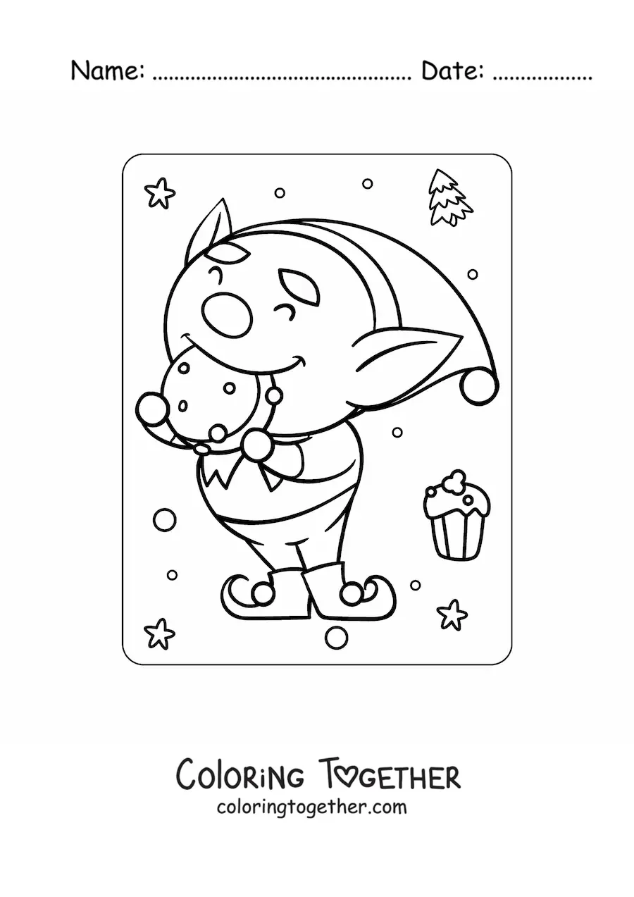 Coloring page of an animated Christmas elf eating a cookie