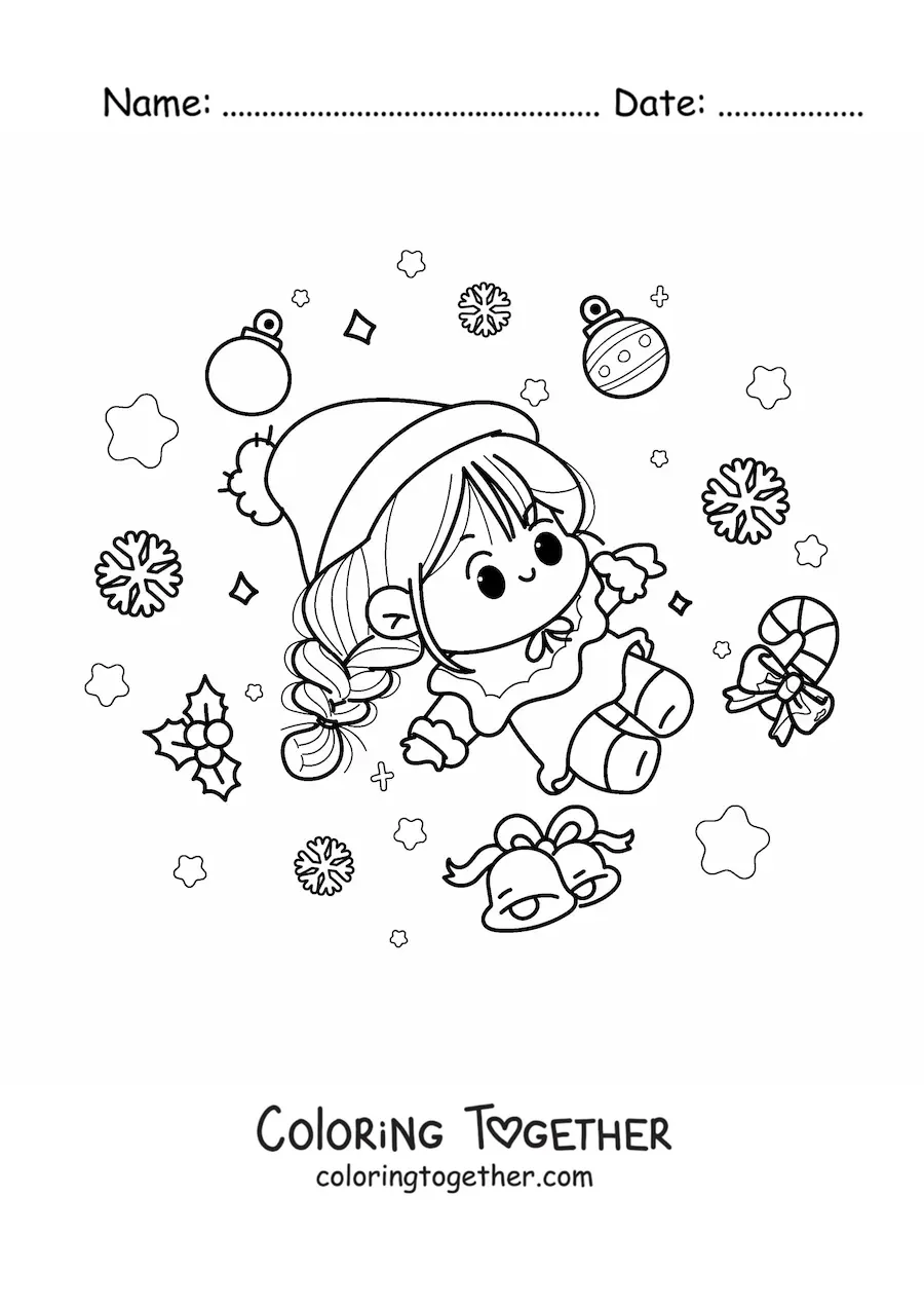 Coloring page of a kawaii Christmas girl
