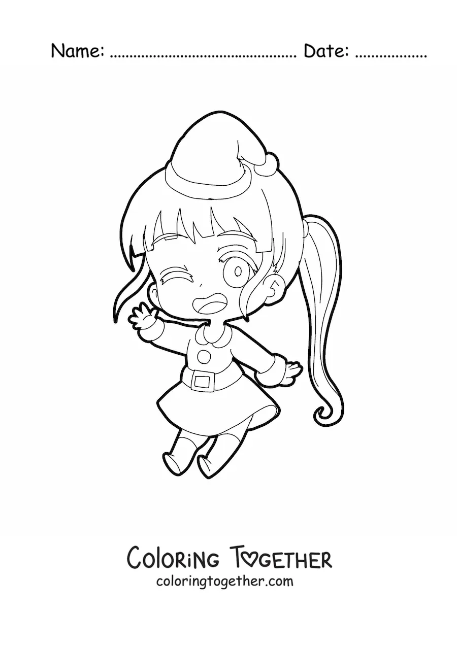 Coloring page of a kawaii girl in Christmas clothes, anime style