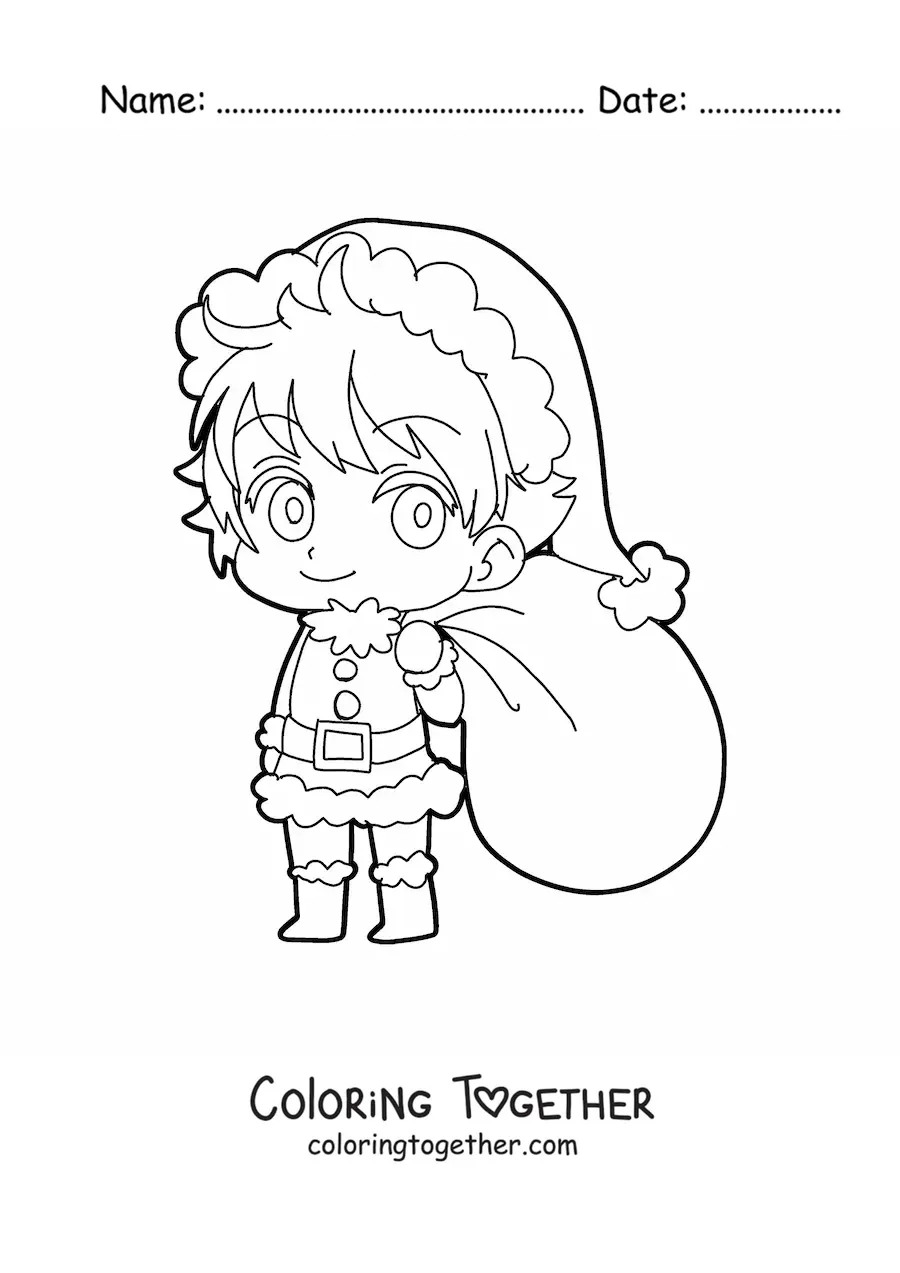 Coloring page of a kawaii boy in Christmas clothes with a sack of gifts, anime style