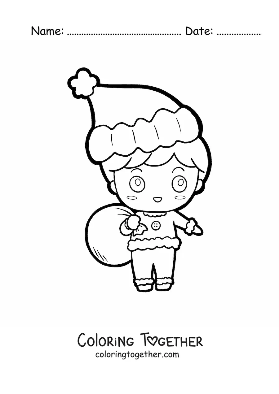 Coloring page of a kawaii boy with a Christmas hat and a sack of gifts