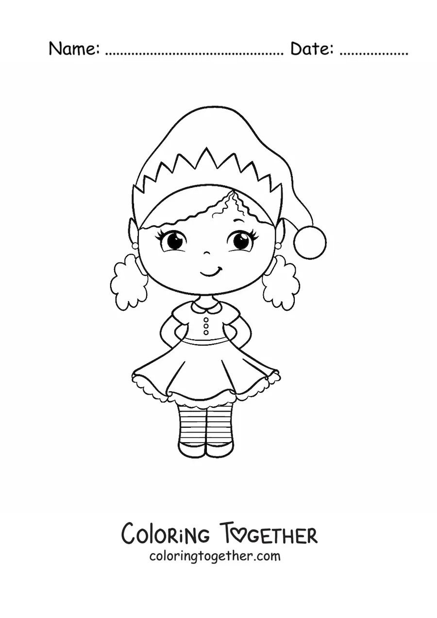 Coloring page of a cute girl in a Christmas dress