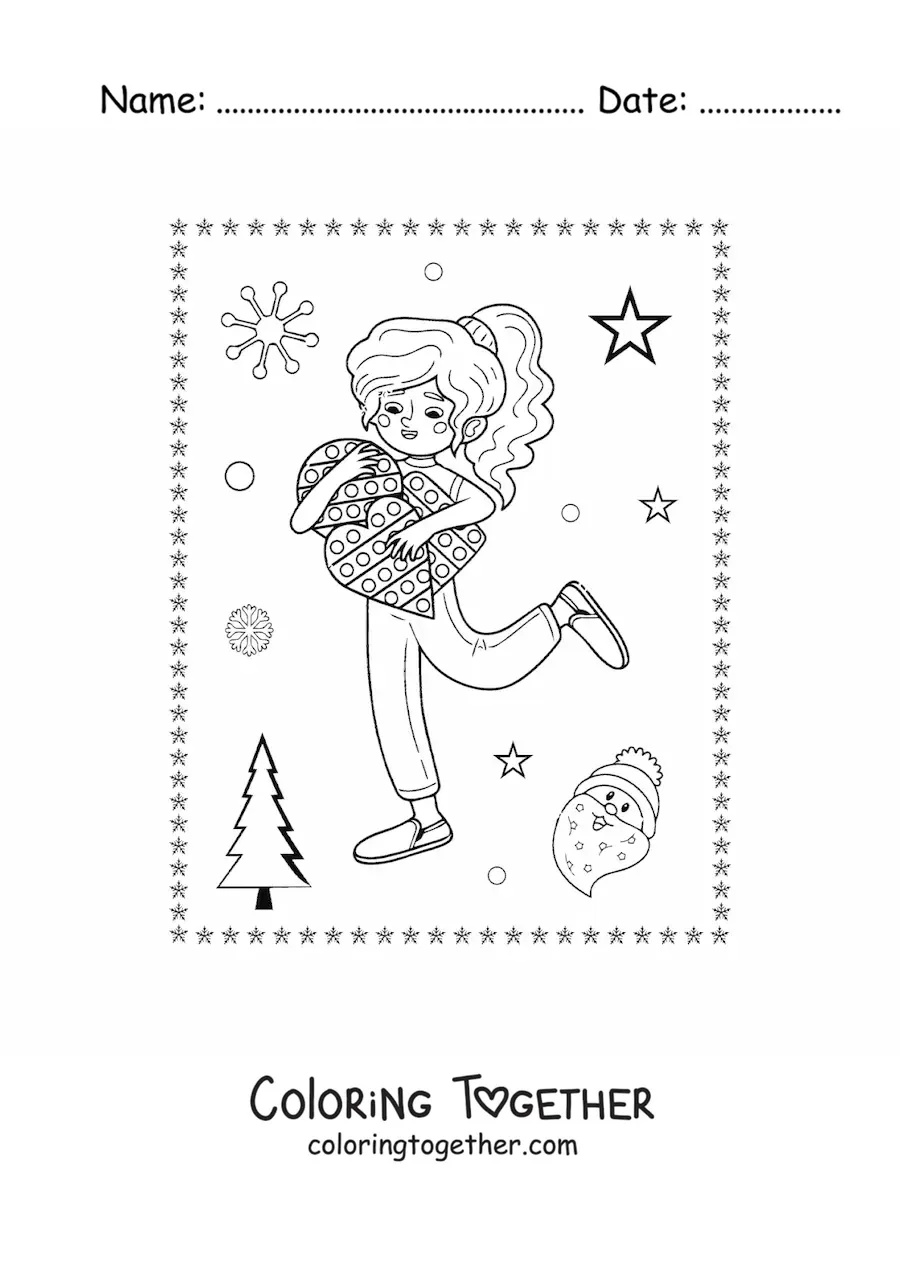 Coloring page of a girl with toys at Christmas