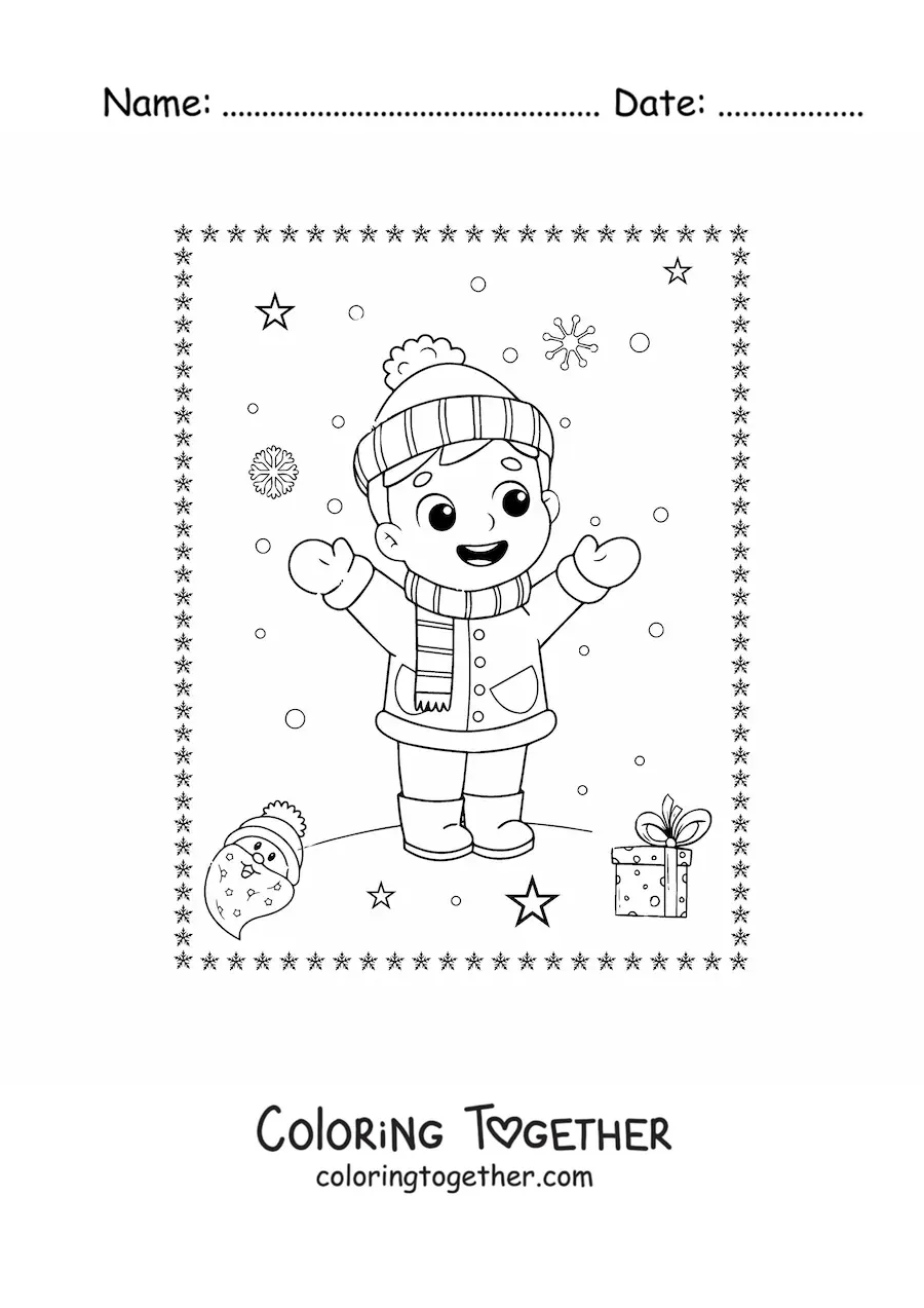 Coloring page of a boy playing in the snow at Christmas