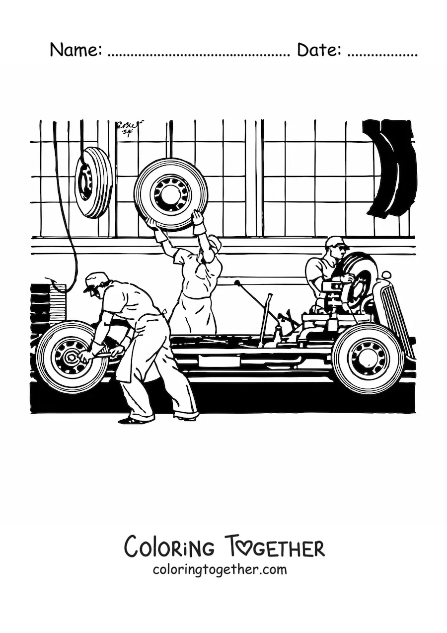 Coloring page of men assembling a car in a factory