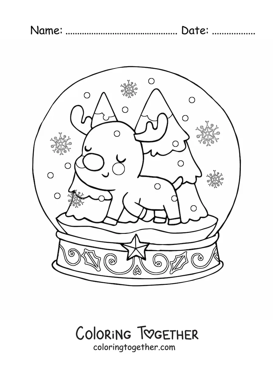 Coloring page of a kawaii snow globe with a reindeer