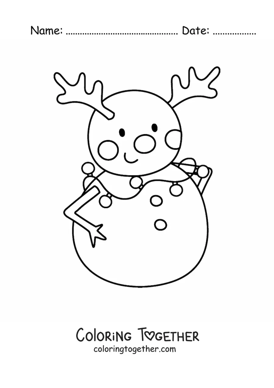 Coloring page of a kawaii reindeer snowman