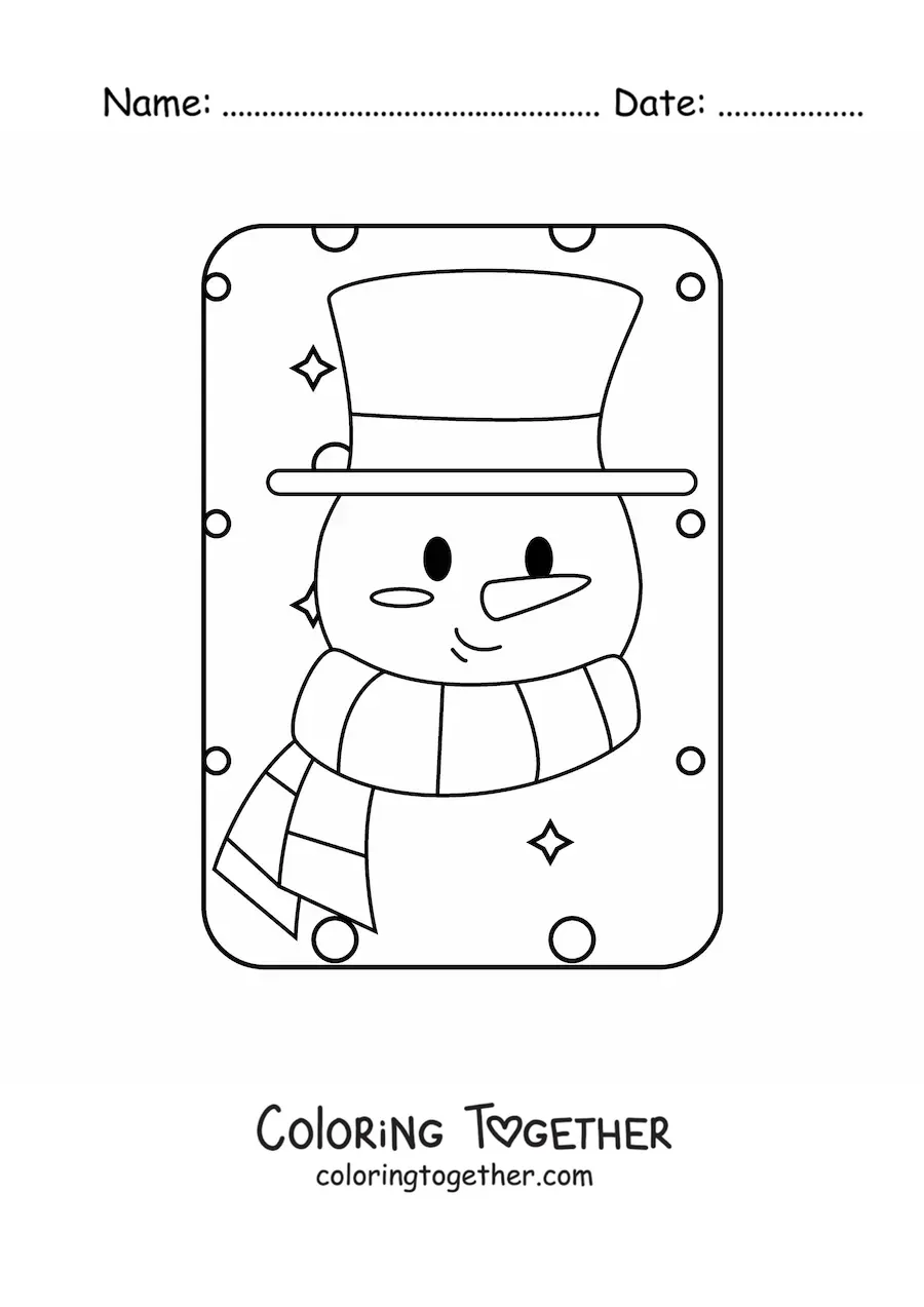 Coloring page of a snowman face with a hat and scarf