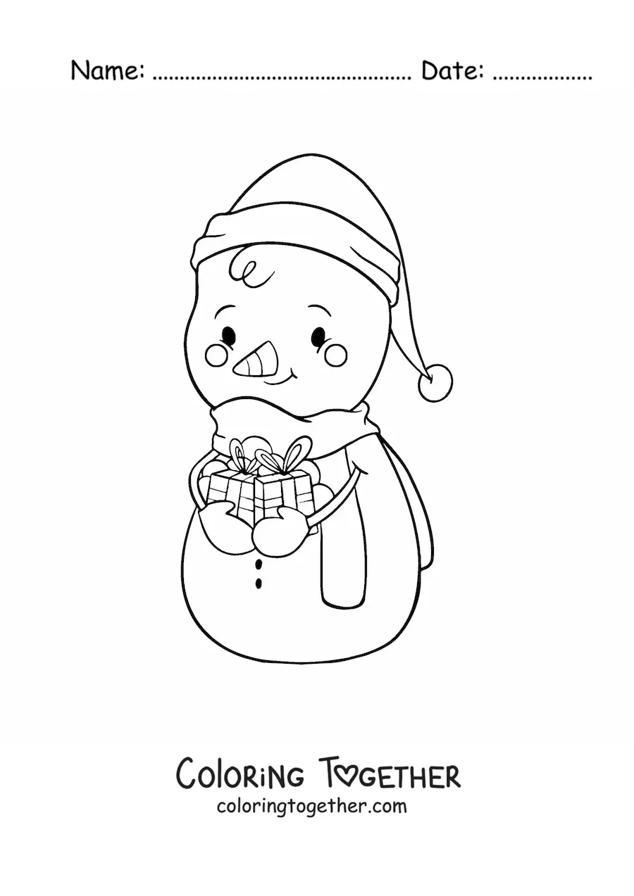 Coloring page of a kawaii snowman with gifts