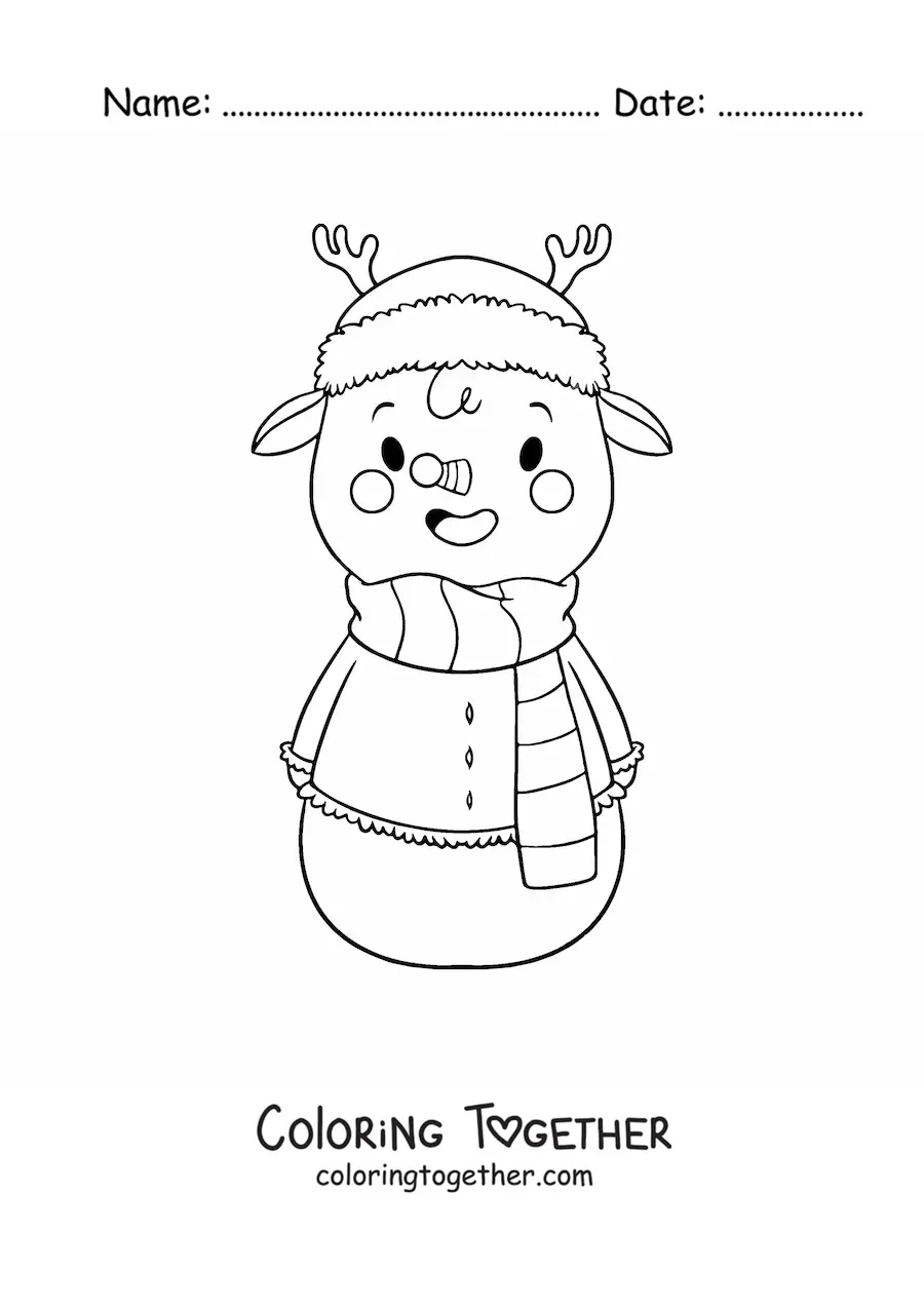 Coloring page of a kawaii reindeer snowman with a scarf